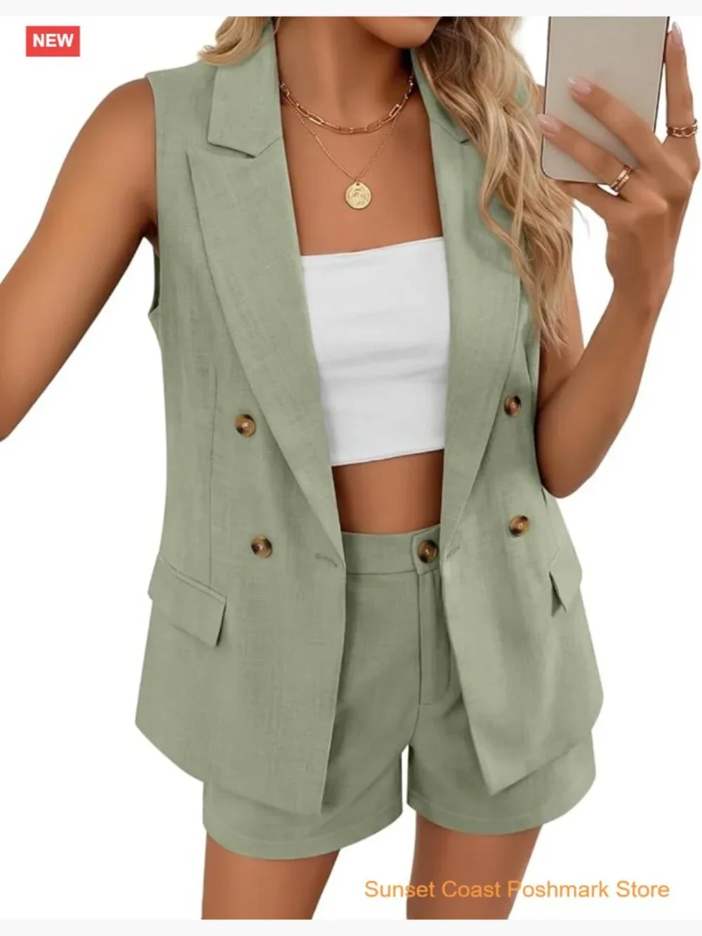 Women 2 Piece Set Sleeveless Button Vest and Elastic Waist Shorts Matching
